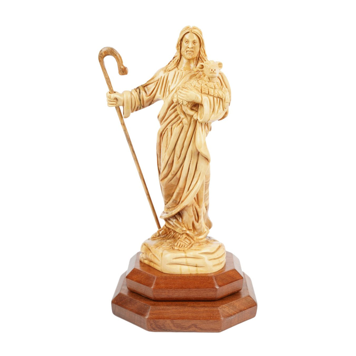 Der Gute Hirte aus Olivenholz – Handgeschnitzte Jesusfigur mit Lamm (26,5 cm)-0