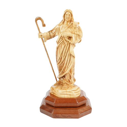 Der Gute Hirte aus Olivenholz – Handgeschnitzte Jesusfigur mit Lamm (26,5 cm)-0