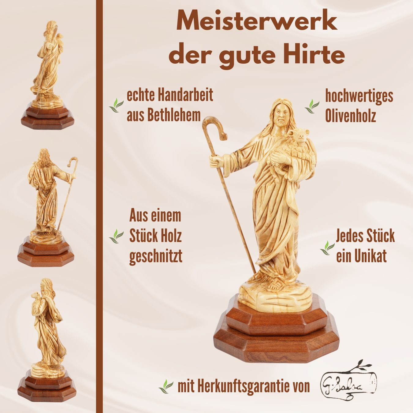 Der Gute Hirte aus Olivenholz – Handgeschnitzte Jesusfigur mit Lamm (26,5 cm)-4