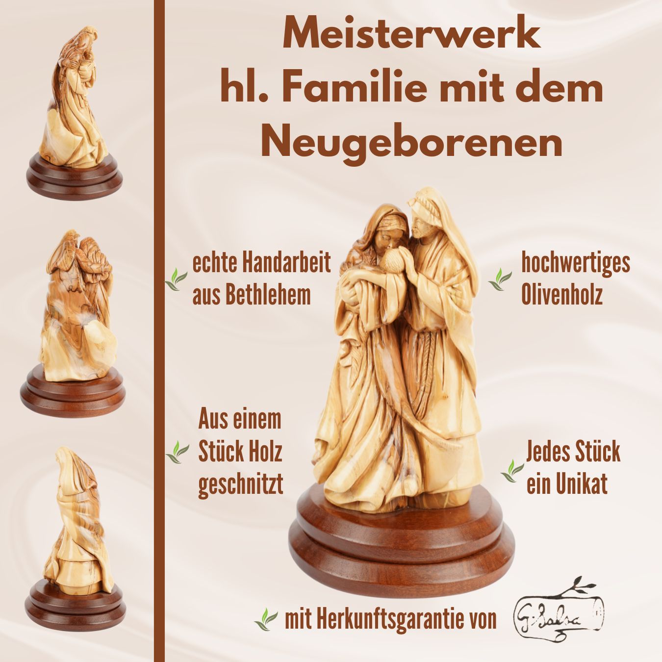 Heilige Familie mit dem Neugeborenen – Handgeschnitzte Olivenholzfigur aus Bethlehem (27 cm)-4